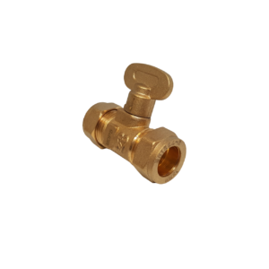 a brass gas isolating valve in 15mm presented on a white background