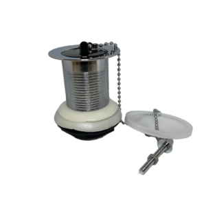 an inch and one quarter chrome basin waste with black plug presented on a white background