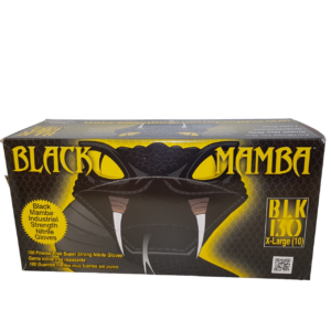 a box of one hundred black mamba gloves presented on a white background