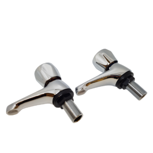 a pair of basin taps in chrome presented on a white background