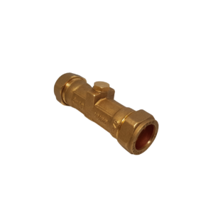 a brass double check valve presented on a white background