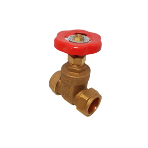 a brass gate valve presented on a white background