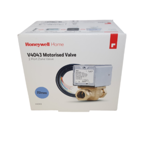 a honeywell two port motorised valve in a white box presented on a white background