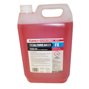 a 5 litre tub of pink kamco scale breaker fluid presented on a white background