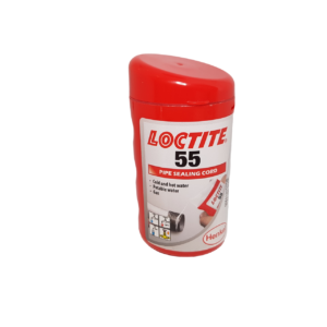 a tube of loctite 55 sealing cord in a red and white bottle on a white background