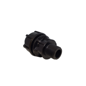 a philmac mdpe bsp male adaptor in black against a white background