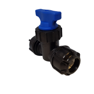 A black philmac MDPE stop cock fitting of both 20 and 25mm size with a blue handle