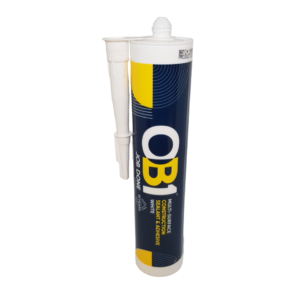a tube of ob1 sealant and adhesive presented on a white background