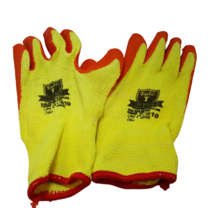 a pair of orange and yellow builders gloves presented on a white background