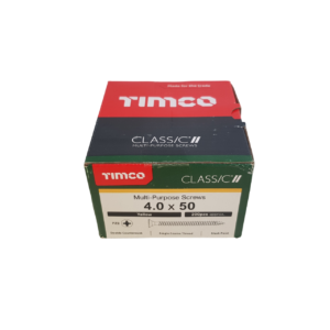 a box of timco screws size 4 by 5.0 presented on a white background