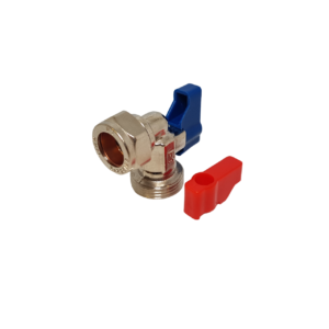 an angled washing machine valve presented on a white background