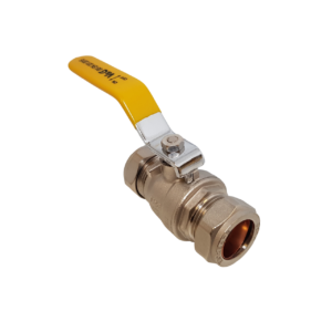 a brass gas lever valve presented on a white background