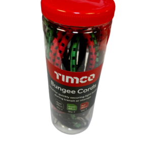 a tub of timco bungee cords presented on a white background