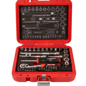 a red nerrad thirty seven piece socket set presented on a white background