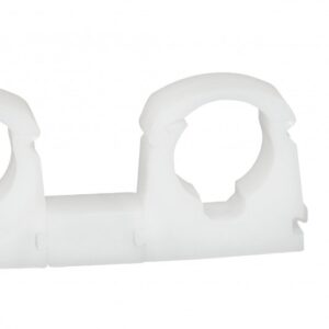 a picture of two white talon hinged clips showing a link spacer being used between them presented on a white background