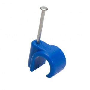 a blue talon nail-in identification clip presented on a white background
